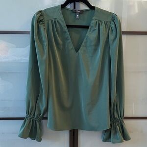 Aqua Sage Green V-Neck Puff Sleeve Blouse